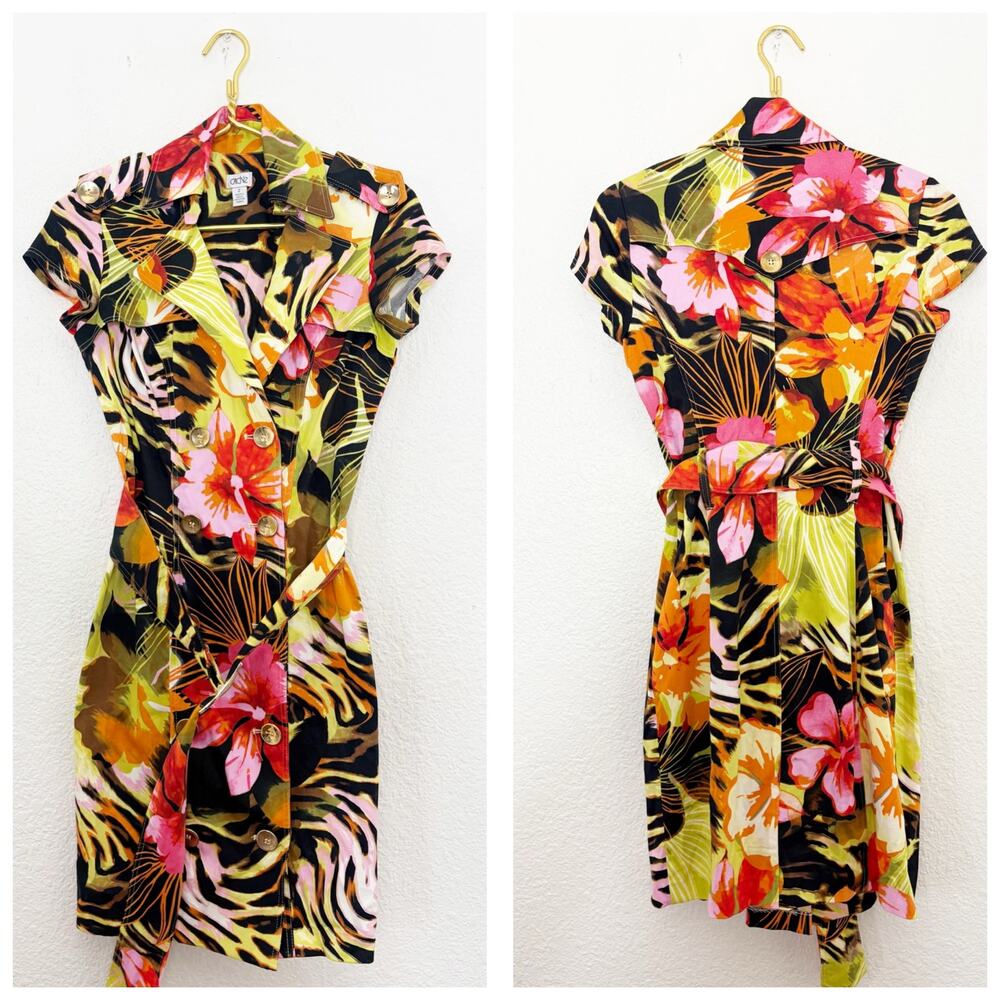 Vintage Y2K Cache Belted Shirt Dress Size 2 Tropical Print Glam Whimsical